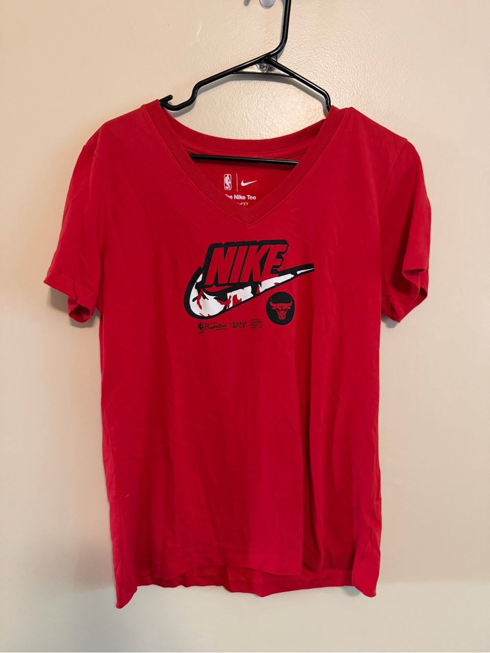 Nike Red V‑Neck Tee with Black and White Logo